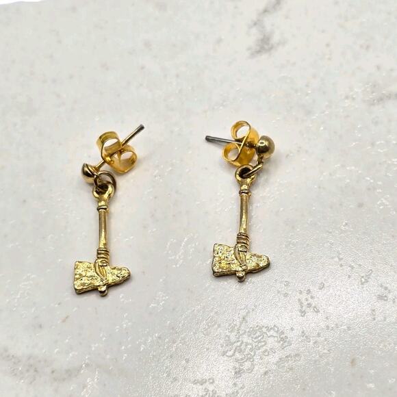 Minimalist Axes Shaped Earrings Pierced Textured Tone Dangle - Picture 4 of 6